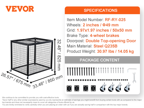 VEVOR sports ball storage cart specifications: 2-inch wheels, steel q235b, double top-opening door.