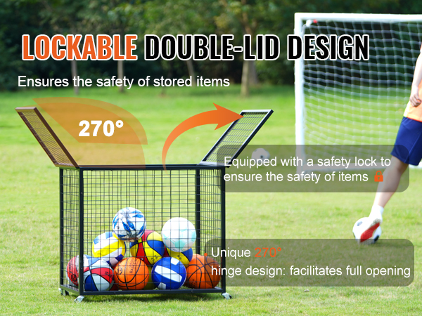 VEVOR sports ball storage cart with a lockable double-lid design and 270° hinge for easy access.