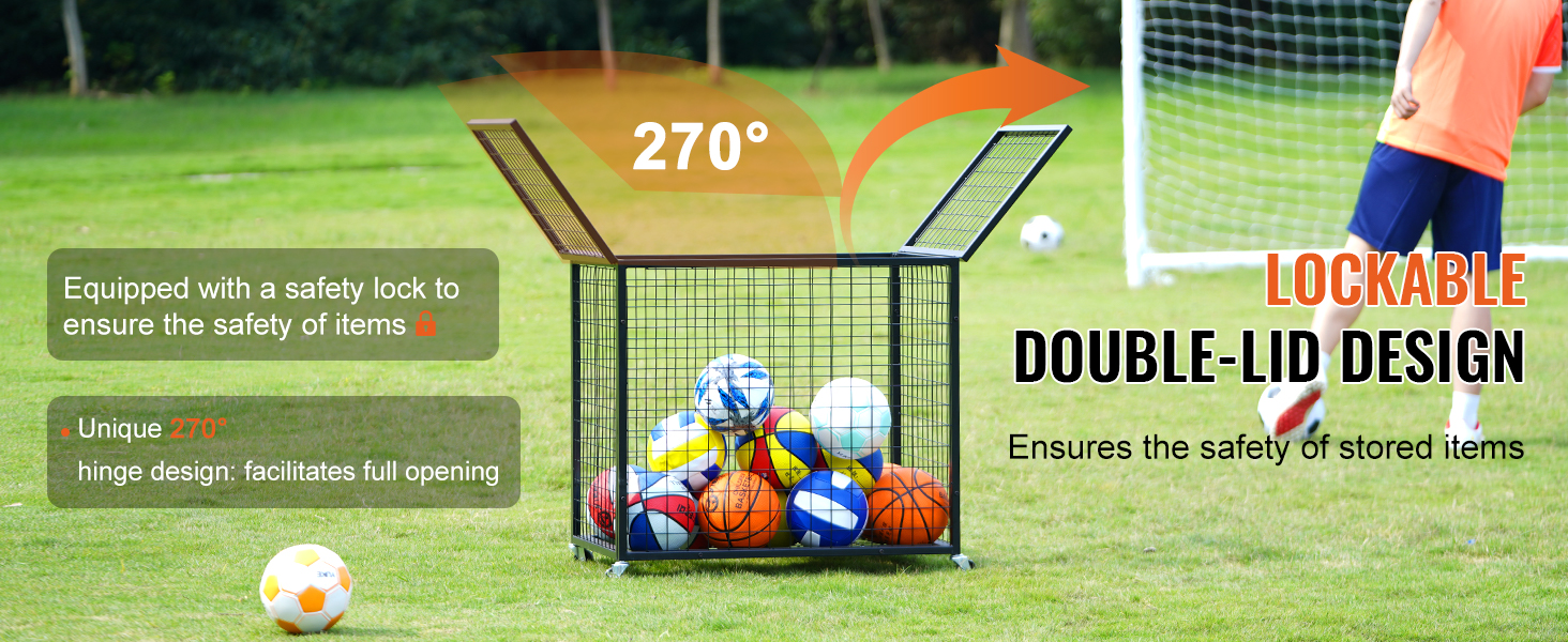 VEVOR sports ball storage cart with a lockable double-lid design and 270° hinge for easy access.