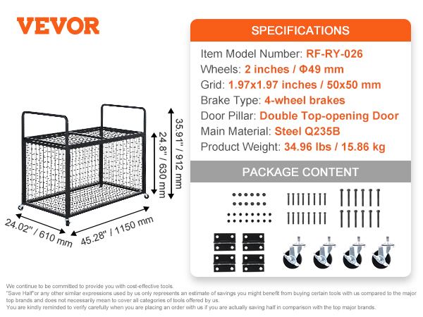 VEVOR sports ball storage cart with steel grid, double top-opening door, and 4-wheel braking system.
