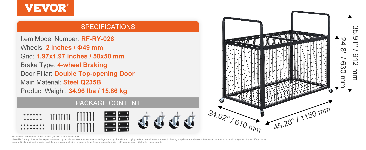 VEVOR sports ball storage cart with steel grid, double top-opening door, and 4-wheel braking system.