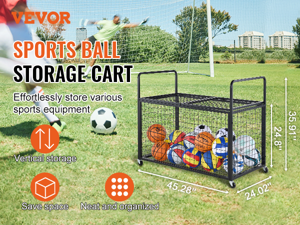 VEVOR sports ball storage cart on a soccer field with various balls, promoting vertical storage and space-saving.