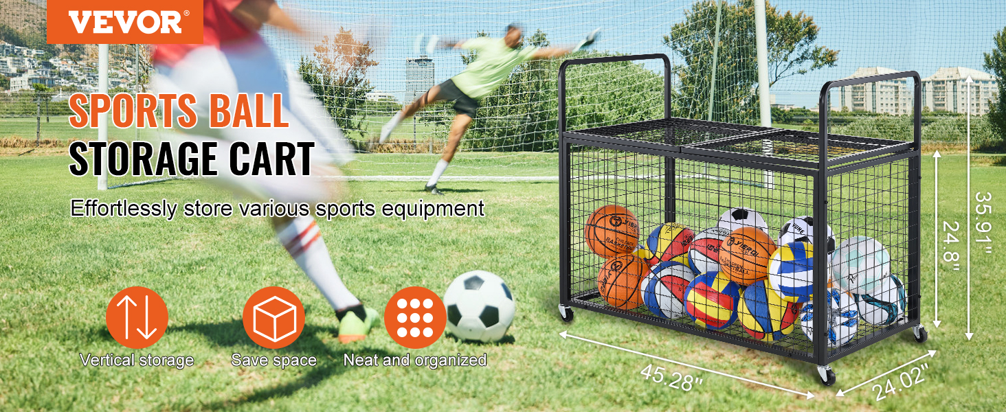 VEVOR sports ball storage cart on a soccer field with various balls, promoting vertical storage and space-saving.