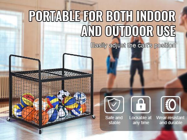 VEVOR sports ball storage cart for indoor and outdoor use, loaded with various sports balls.