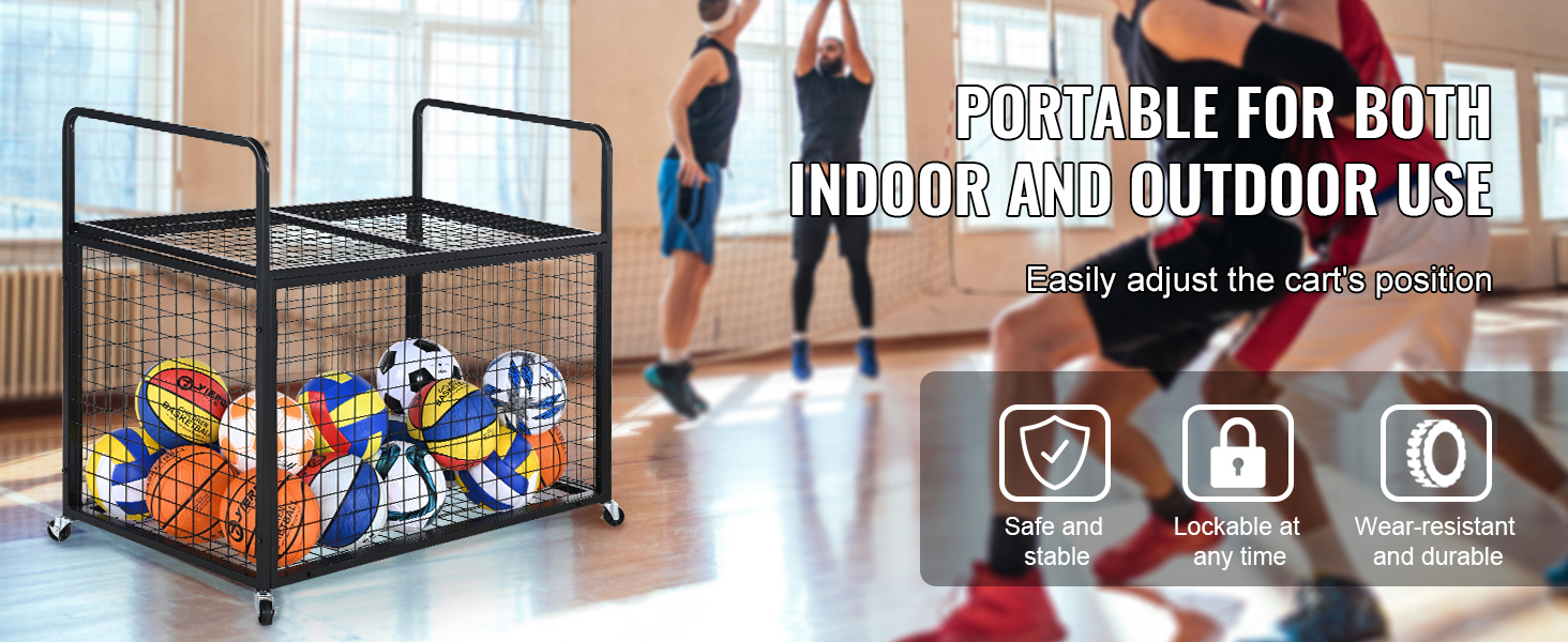 VEVOR sports ball storage cart for indoor and outdoor use, loaded with various sports balls.