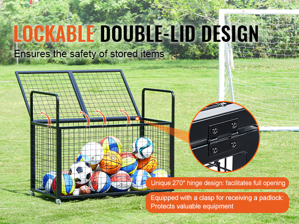 VEVOR sports ball storage cart with lockable double-lid, holding assorted balls on a sports field.
