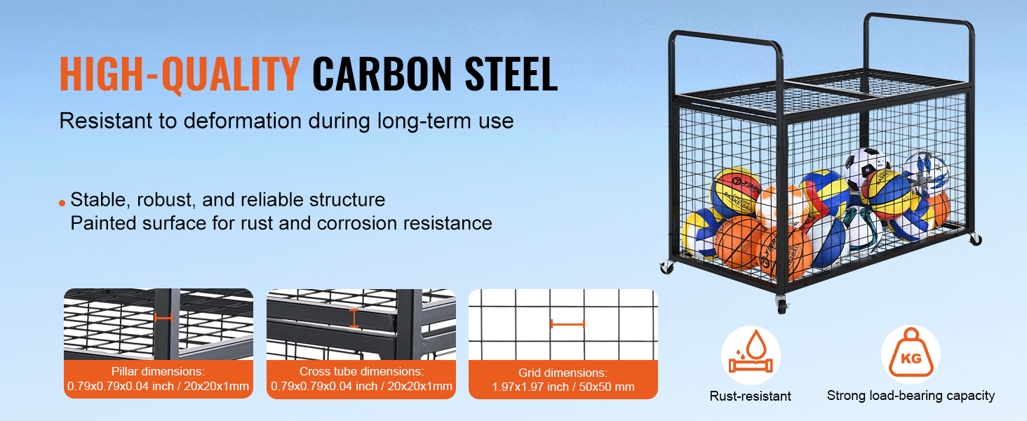 VEVOR sports ball storage cart, robust carbon steel, painted for rust resistance, holding various balls.