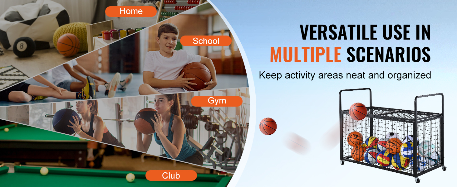 VEVOR sports ball storage cart for home, school, gym, and club use; keeps activity areas organized.