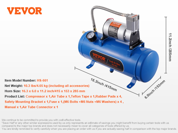 VEVOR 12v air compressor with model hs-661, 10.3 lbs, size 16.3x6.0x11.2 inches, detailed product list.