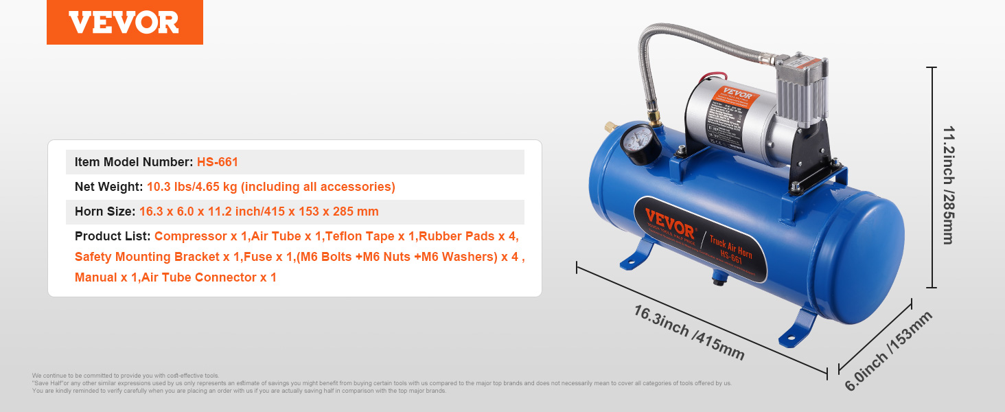 VEVOR 12v air compressor with model hs-661, 10.3 lbs, size 16.3x6.0x11.2 inches, detailed product list.