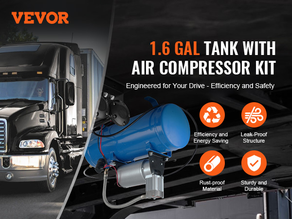 VEVOR 12v air compressor kit with 1.6 gal tank, efficiency and safety features for robust trucking.