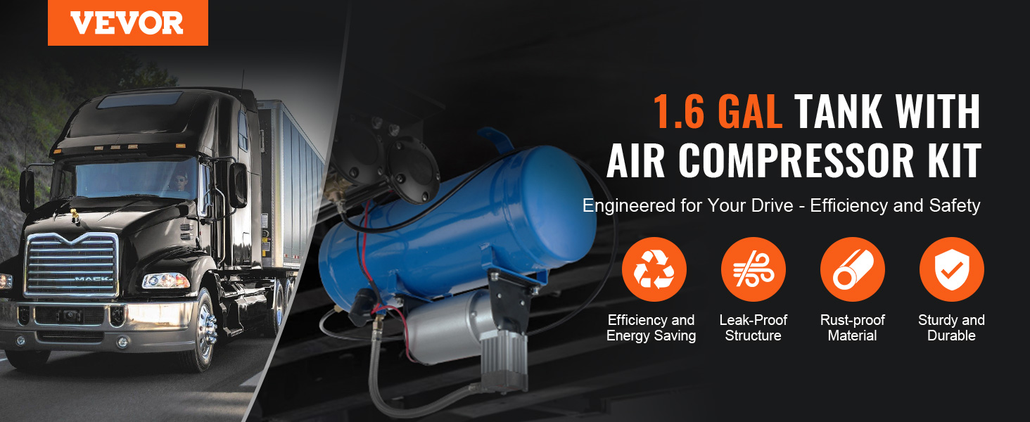 VEVOR 12v air compressor kit with 1.6 gal tank, efficiency and safety features for robust trucking.