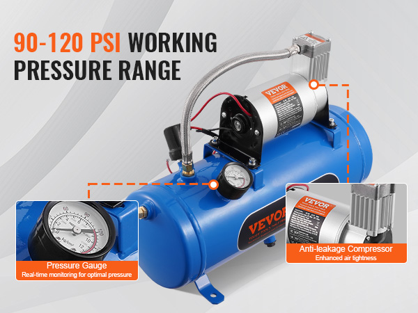 VEVOR 12v air compressor with 90-120 psi working pressure, featuring pressure gauge and anti-leakage design.