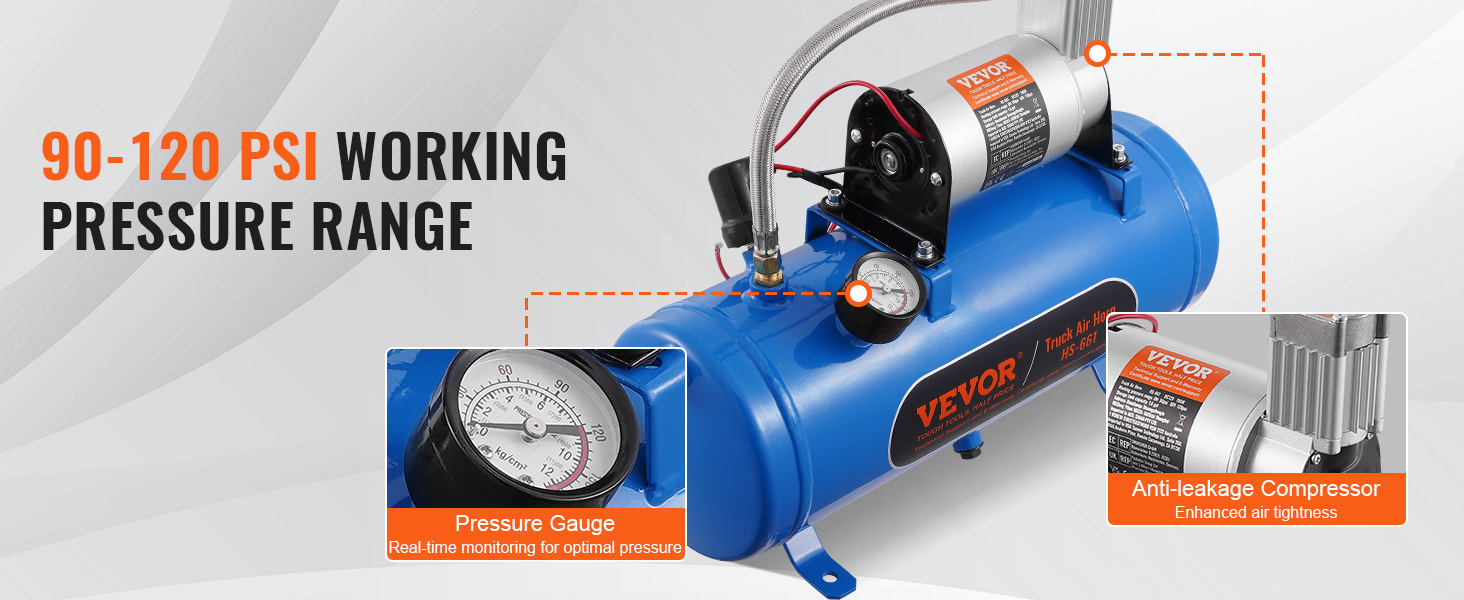 VEVOR 12v air compressor with 90-120 psi working pressure, featuring pressure gauge and anti-leakage design.