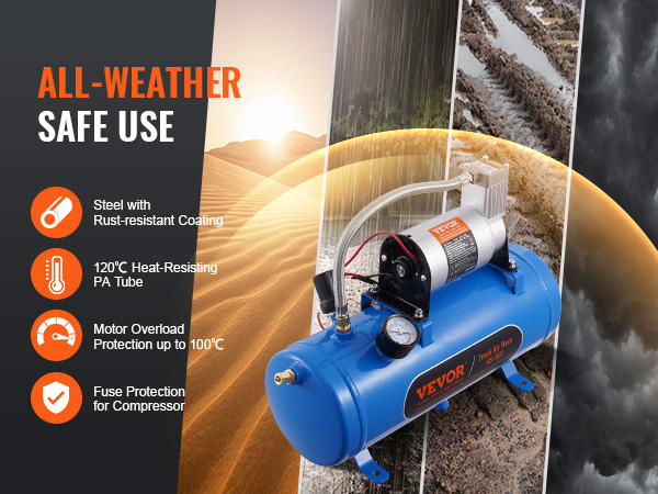 VEVOR 12v air compressor with rust-resistant coating, heat-resisting pa tube, and motor overload protection.