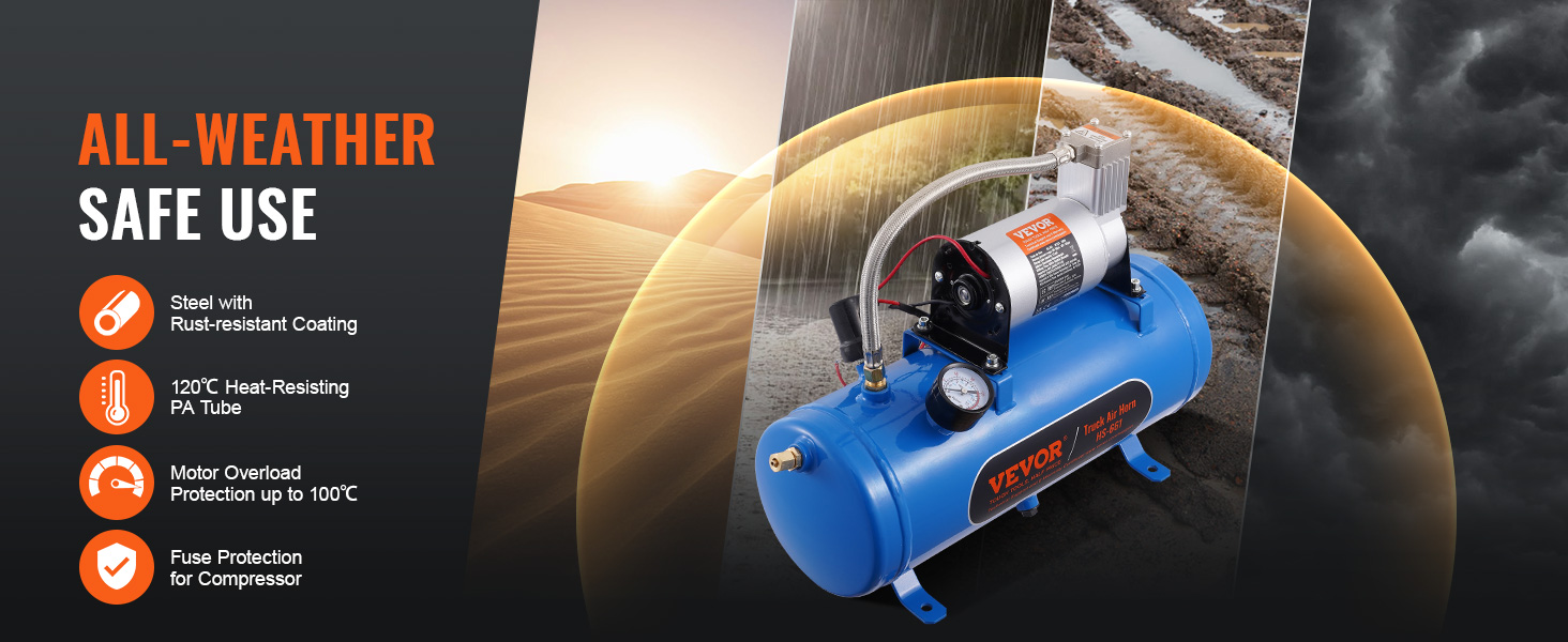 VEVOR 12v air compressor with rust-resistant coating, heat-resisting pa tube, and motor overload protection.
