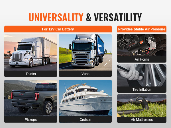 VEVOR 12v air compressor: trucks, vans, pickups, cruises, air horns, tire inflation, air mattresses.