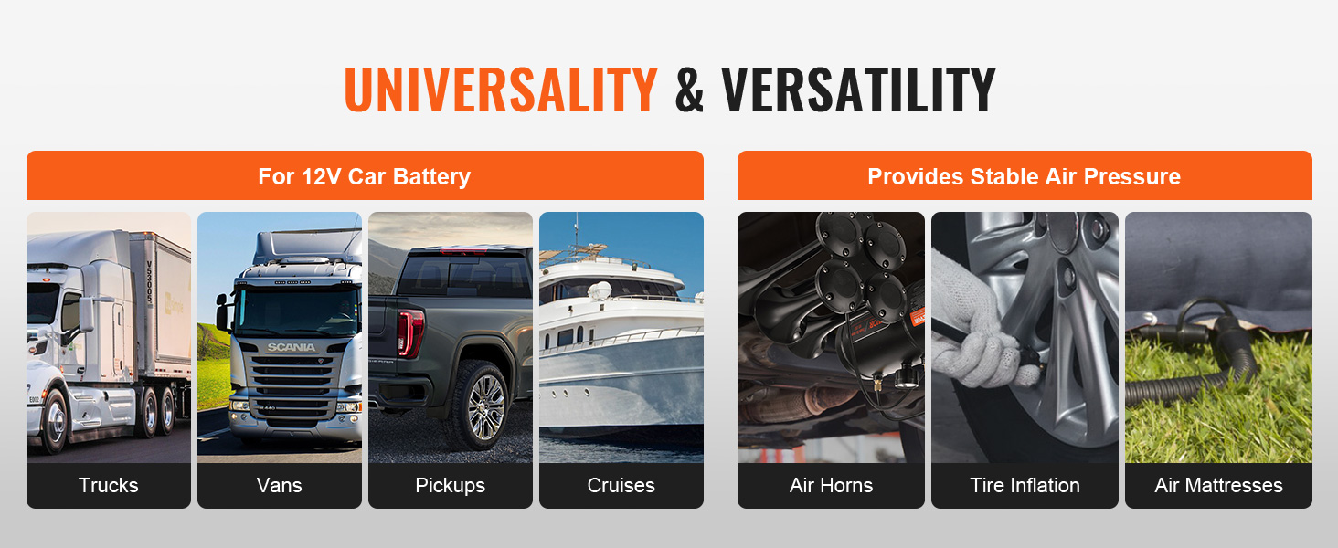 VEVOR 12v air compressor: trucks, vans, pickups, cruises, air horns, tire inflation, air mattresses.