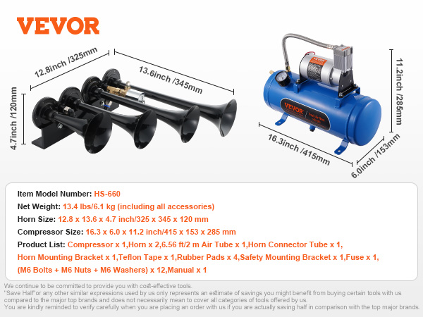 VEVOR train horn kit model hs-660 with detailed dimensions, components, and accessories.