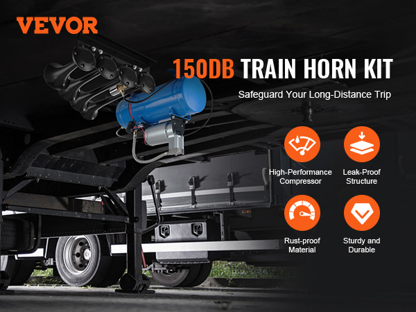 VEVOR train horn kit 150db, high-performance compressor, leak-proof, rust-proof, durable design.