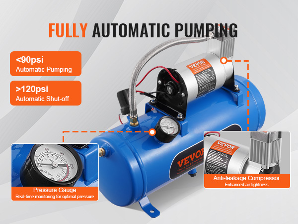 VEVOR train horn kit with automatic pumping, pressure gauge, and anti-leakage compressor.