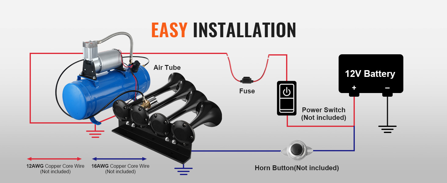 VEVOR train horn kit easy installation diagram with components, air tube, and wiring instructions.