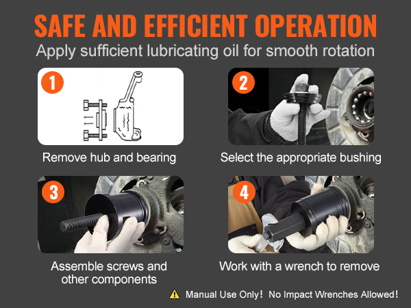 VEVOR wheel bearing press kit guide: remove hub, select bushing, assemble parts, use wrench to remove.