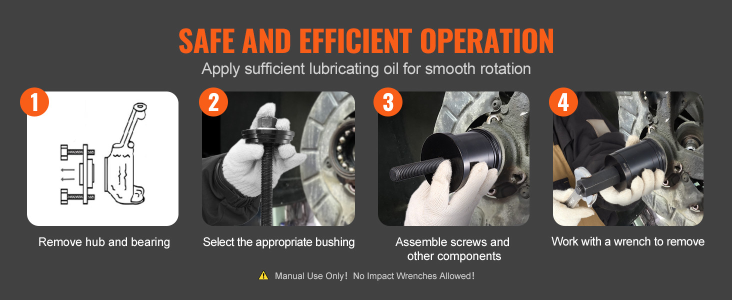 VEVOR wheel bearing press kit guide: remove hub, select bushing, assemble parts, use wrench to remove.
