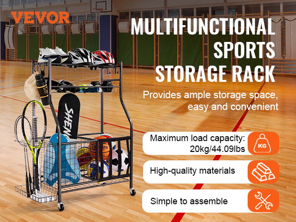 VEVOR sports equipment organizer in gym, showcasing storage for helmets, balls, bats, and rackets.