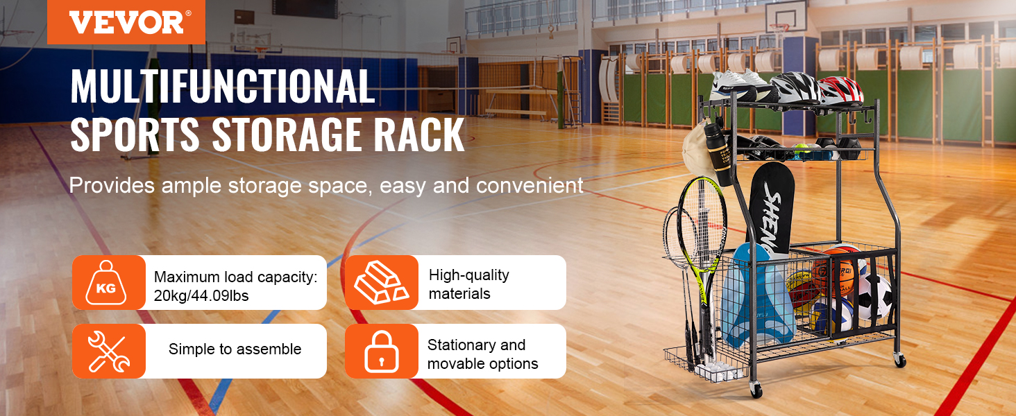 VEVOR sports equipment organizer in gym, showcasing storage for helmets, balls, bats, and rackets.