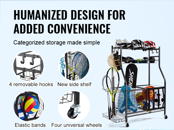 VEVOR sports equipment organizer with 4 removable hooks, side shelf, elastic bands, and universal wheels.