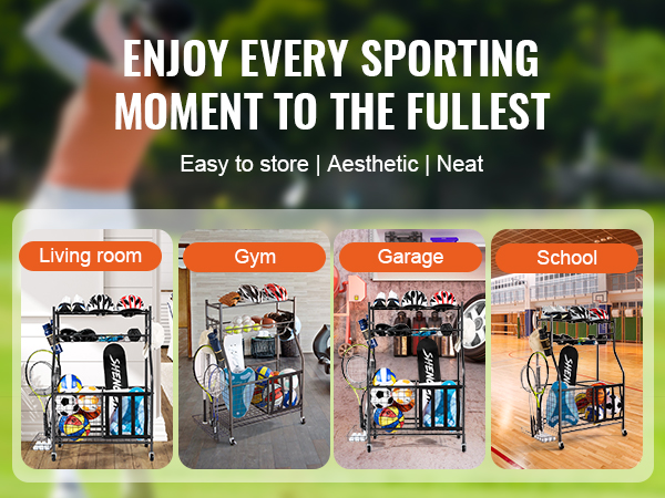 VEVOR sports equipment organizer in living room, gym, garage, and school settings. easy to store, neat, aesthetic.