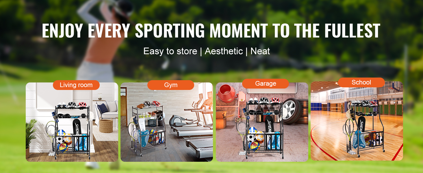 VEVOR sports equipment organizer in living room, gym, garage, and school settings. easy to store, neat, aesthetic.