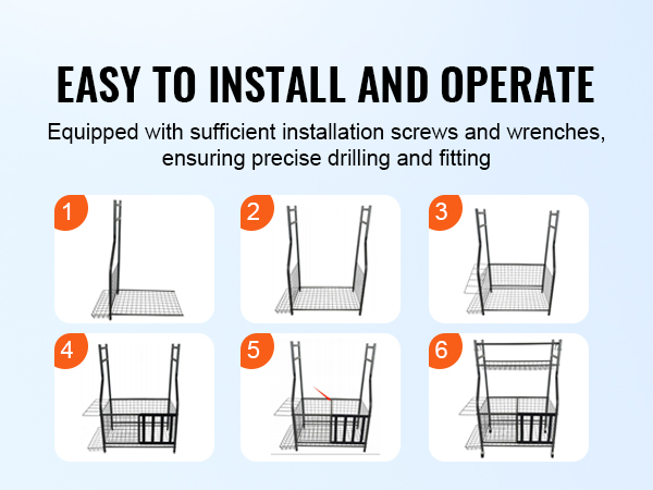 VEVOR sports equipment organizer assembly steps, complete with drill, screws, and installation tools.