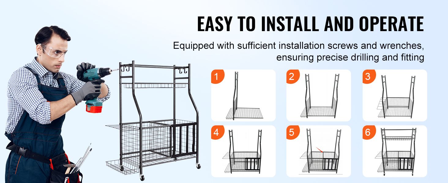 VEVOR sports equipment organizer assembly steps, complete with drill, screws, and installation tools.