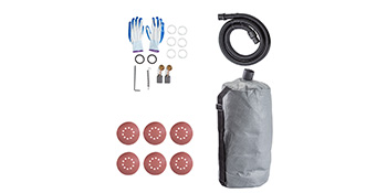 VEVOR drywall sander accessories: sanding discs, dust bag, hose, gloves, and connectors.