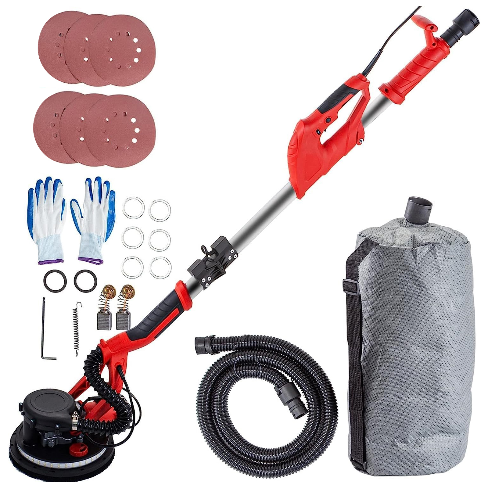 VEVOR drywall sander with accessories including hose, gloves, and sanding discs.