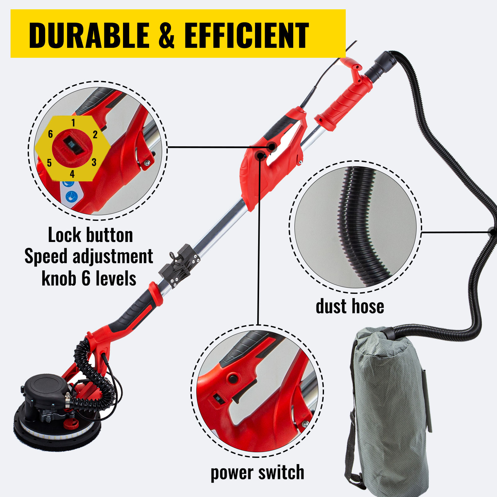 VEVOR drywall sander with speed adjustment, dust hose, power switch, and lock button.