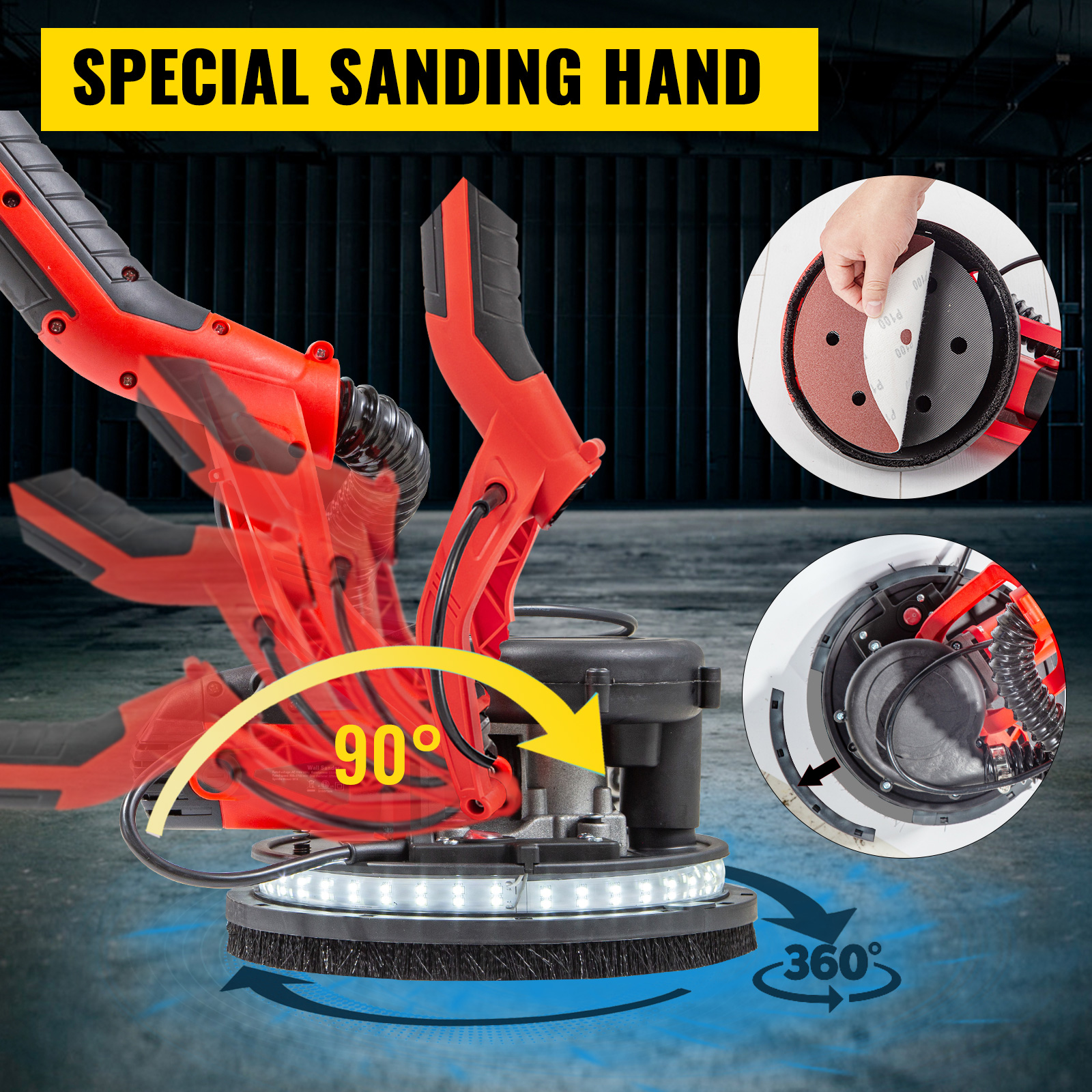 VEVOR drywall sander with adjustable handle, led lights, and 360° sanding head.