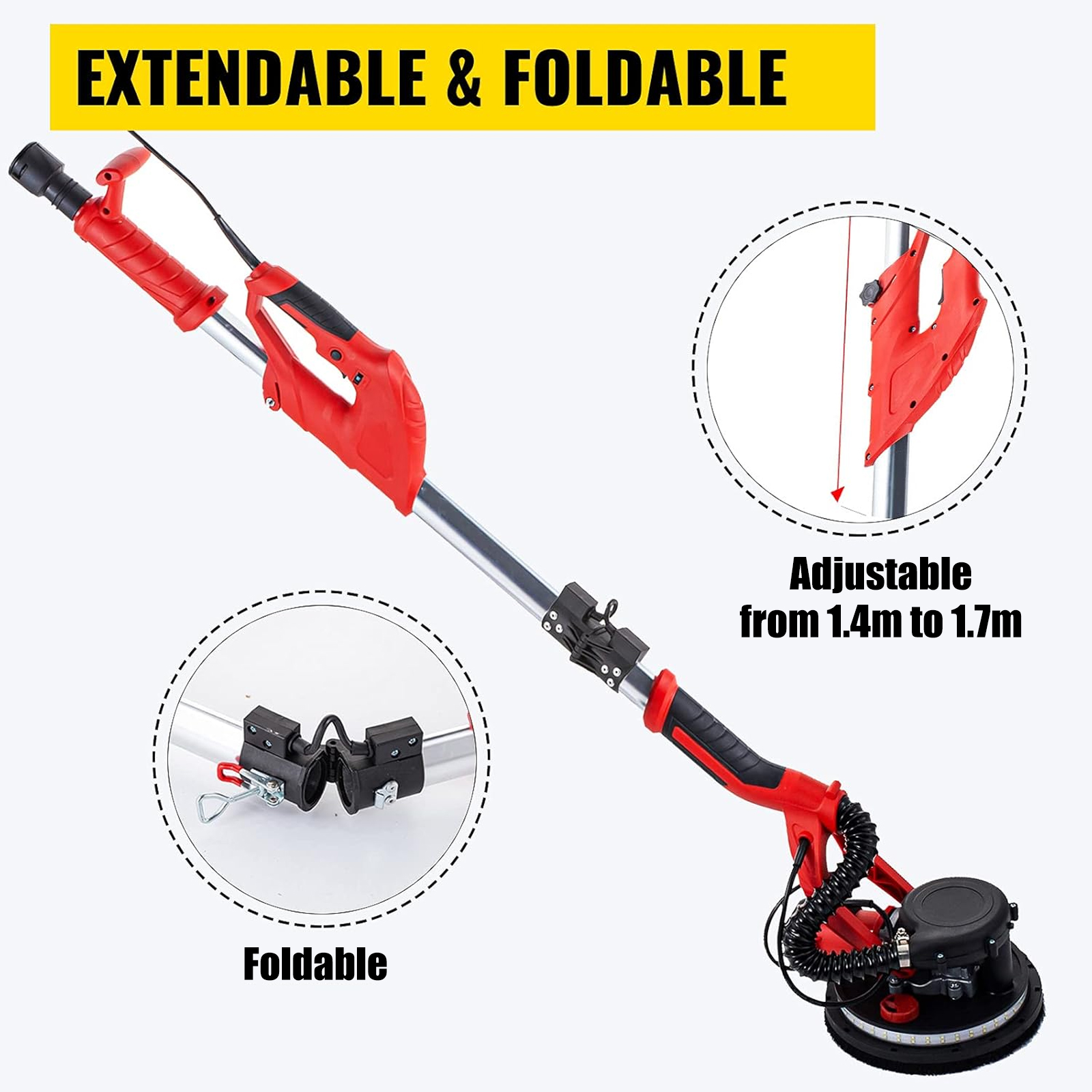 VEVOR drywall sander, extendable and foldable, adjustable from 1.4m to 1.9m.