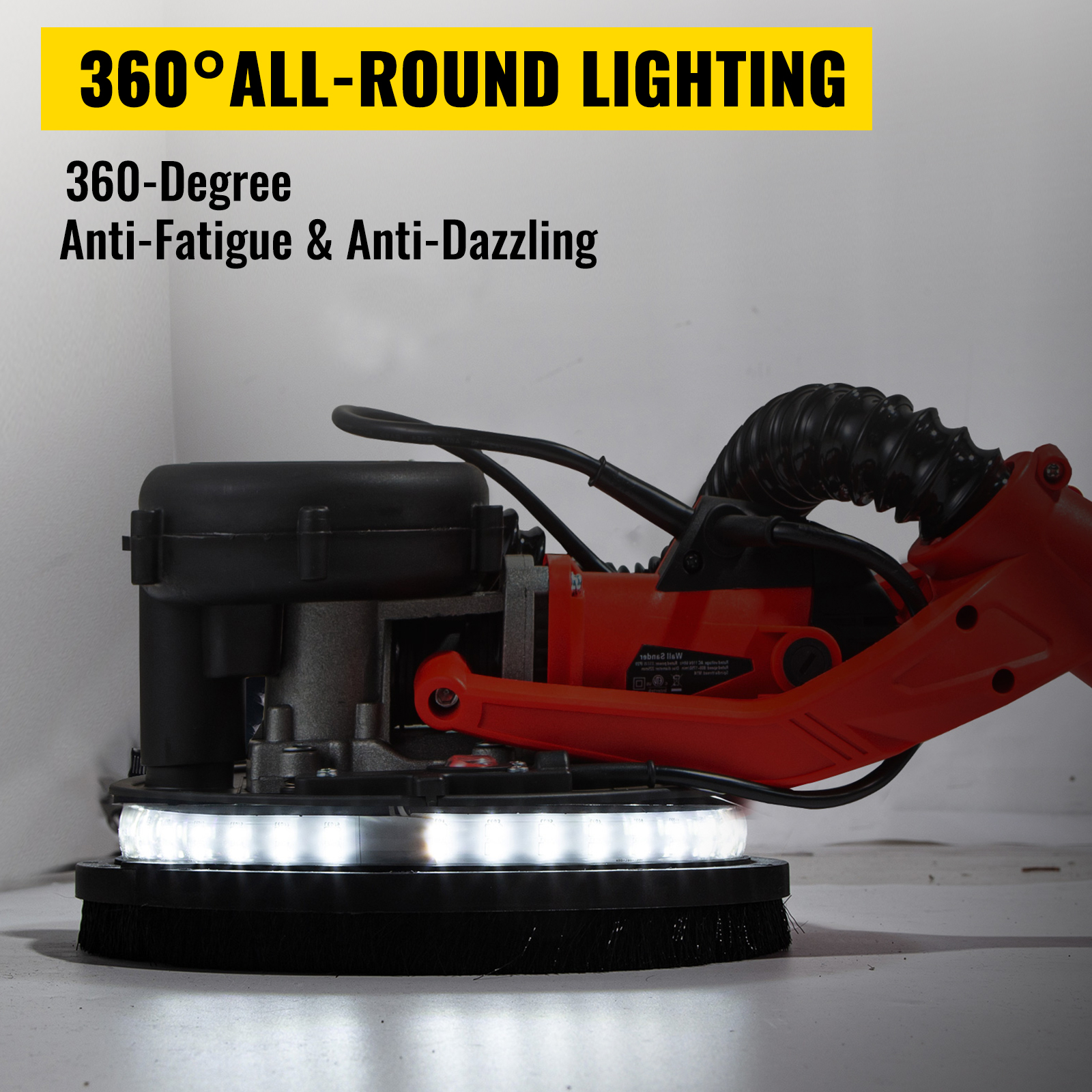 VEVOR drywall sander with 360° all-round lighting, black and orange design.