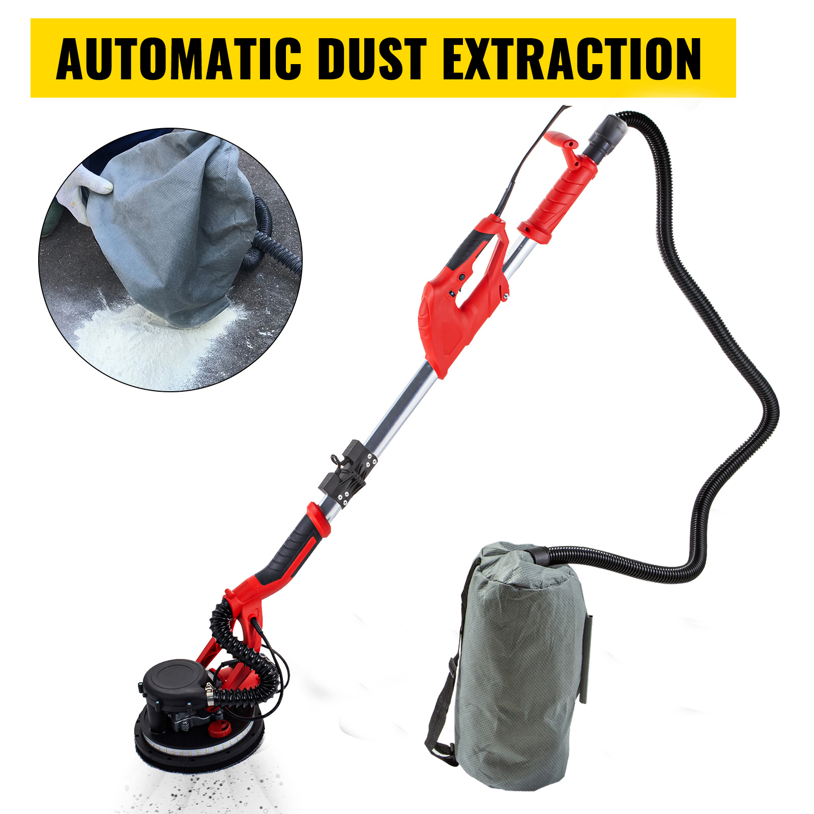 VEVOR drywall sander with automatic dust extraction, red handle, and dust bag.