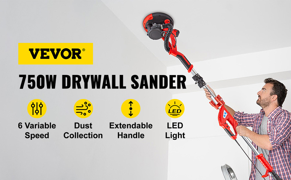 VEVOR drywall sander with 6 variable speeds, dust collection, extendable handle, and led light.