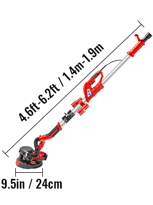 red VEVOR drywall sander with extendable handle, 4.6ft-6.2ft and 9.5in sanding pad.