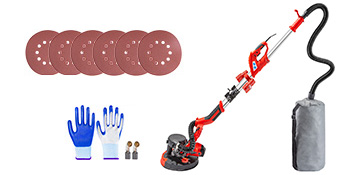 VEVOR drywall sander with sanding discs, gloves, adapter, and dust bag set.