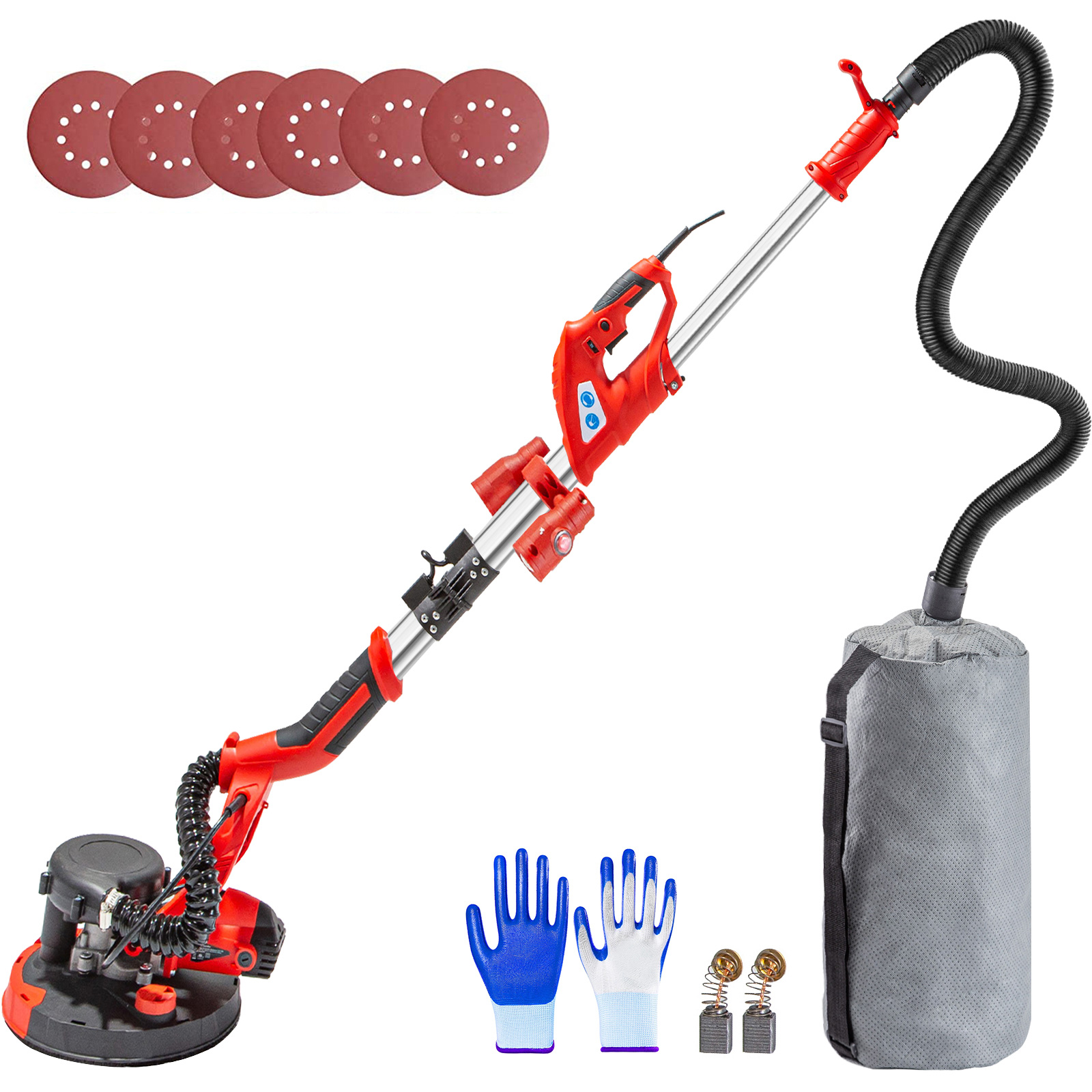 VEVOR drywall sander with hose, sanding discs, gloves, and vacuum bag.