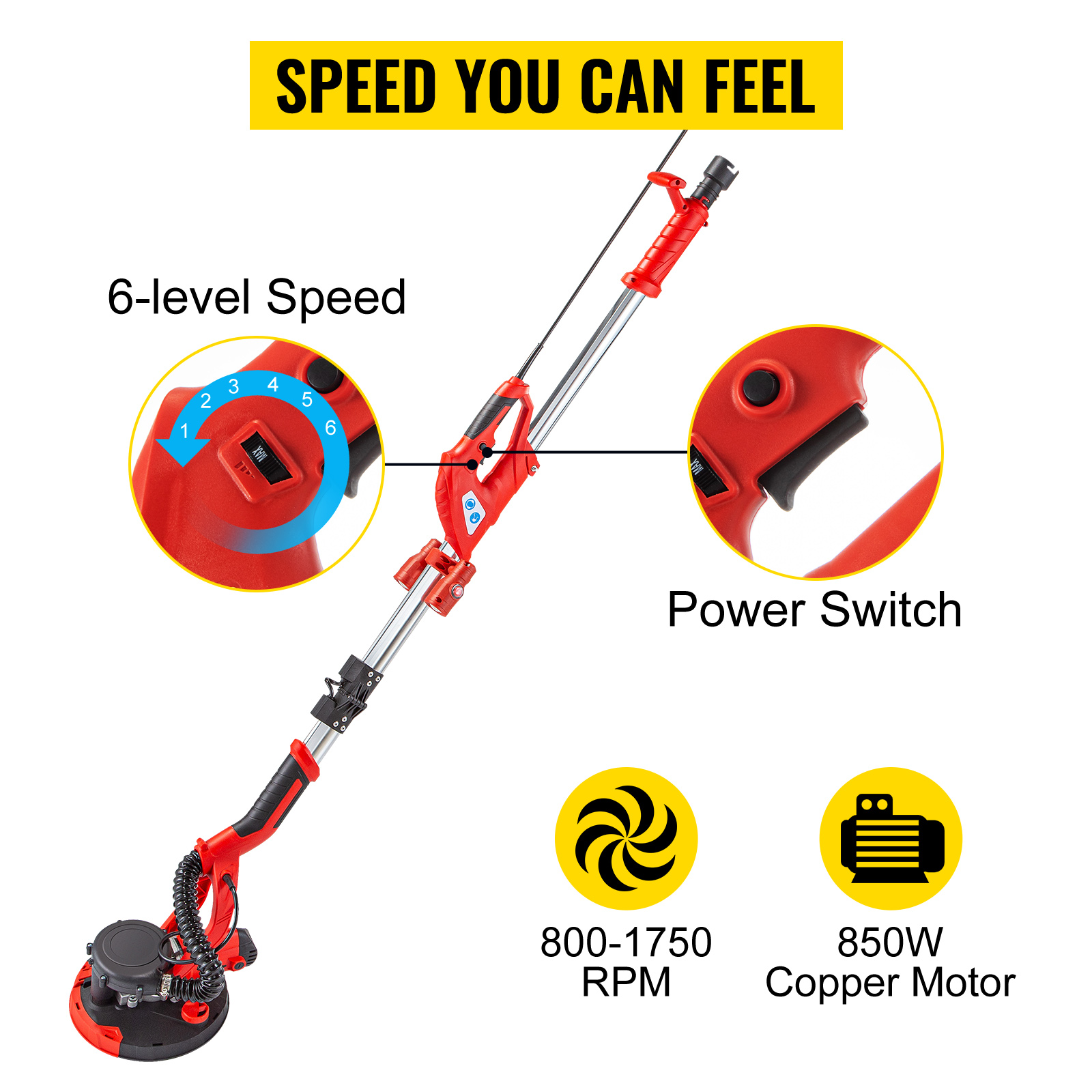 VEVOR drywall sander with 6-level speed, power switch, 850w motor, 800-1750 rpm