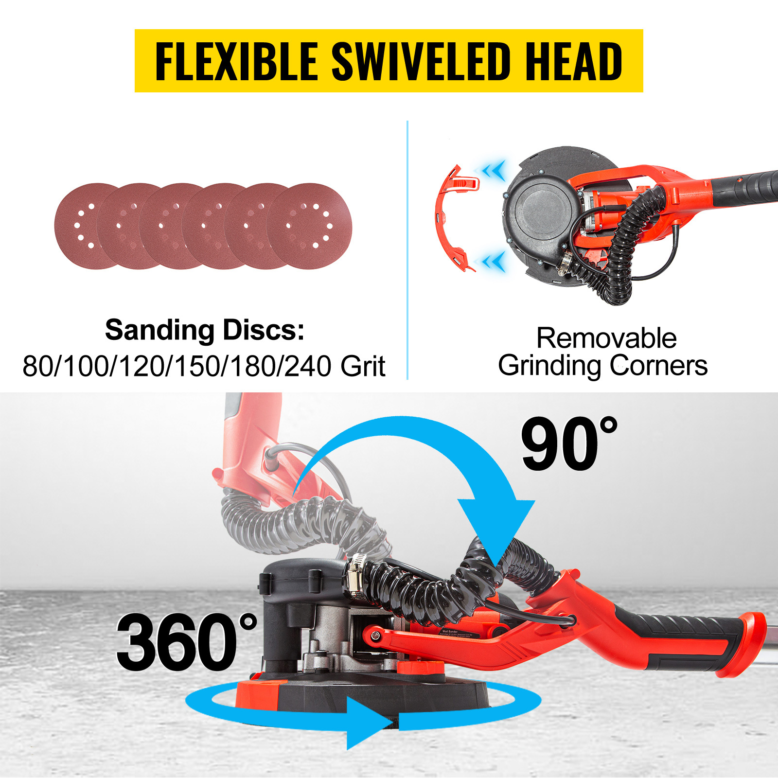 VEVOR drywall sander with flexible swivel head, 80-240 grit sanding discs, removable corners