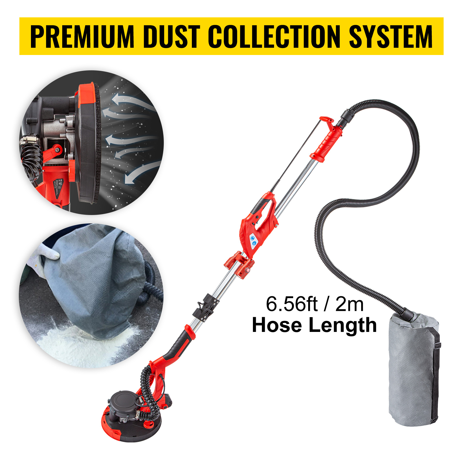 VEVOR drywall sander with premium dust collection system and 6.56ft hose length.
