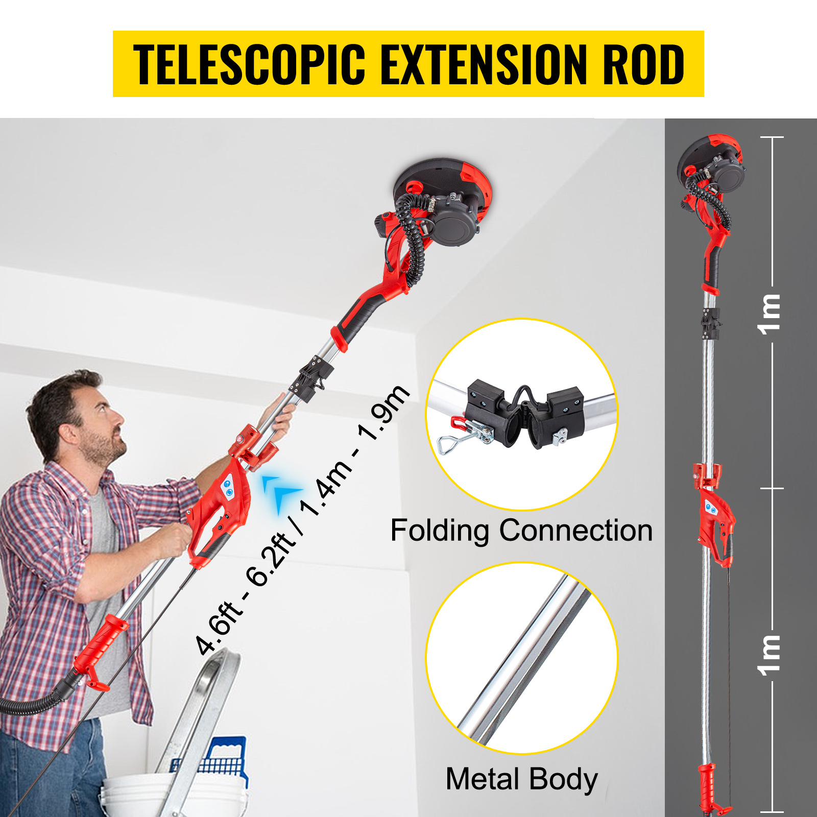 VEVOR drywall sander showcasing telescopic extension rod, folding connection, and metal body.